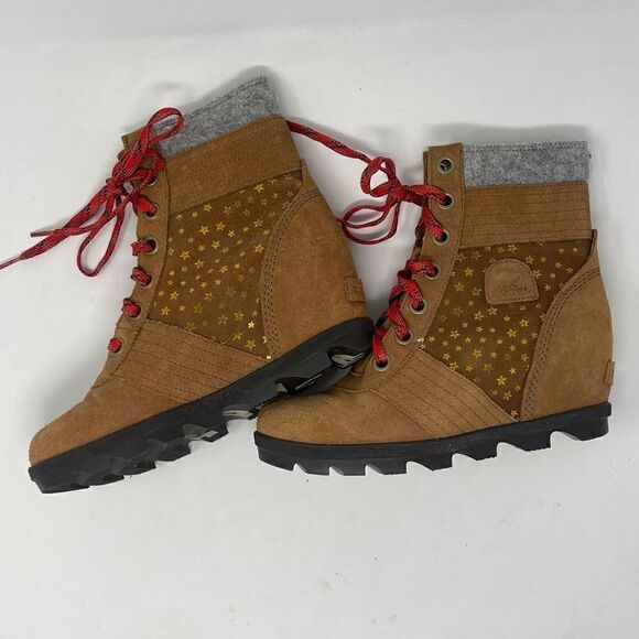 Sorel Brown Gold Star Red Lace Up Sorel Lexie Wedge Boots Size 5 - Picture 2 of 6